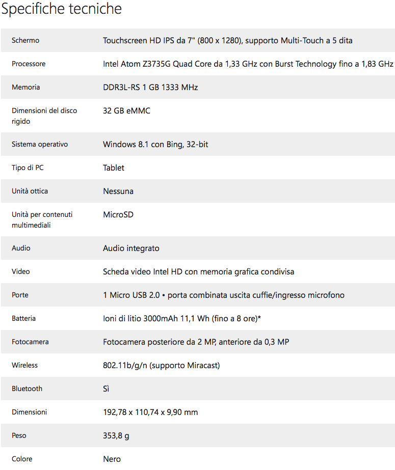 hp stream 7 caratteristiche